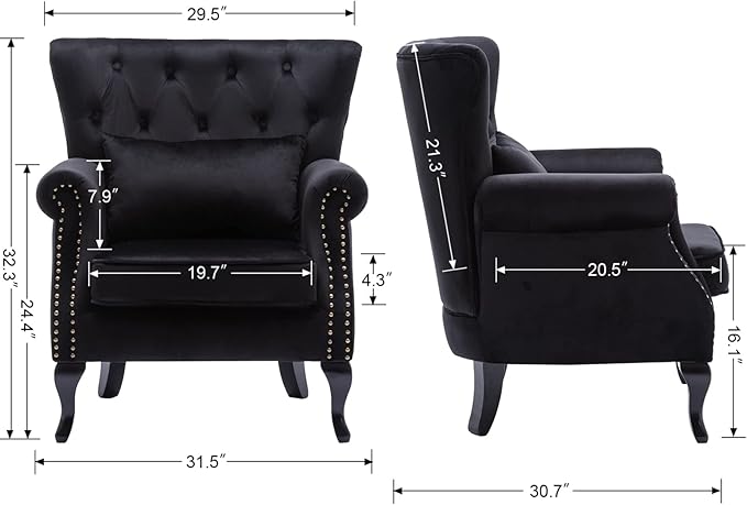 Mid Century Accent Chair Modern Button Tufted Armchair Club Chair Velvet Wingback Single Sofa Lounge Chair with Pillow for Living Room Bedroom, Black