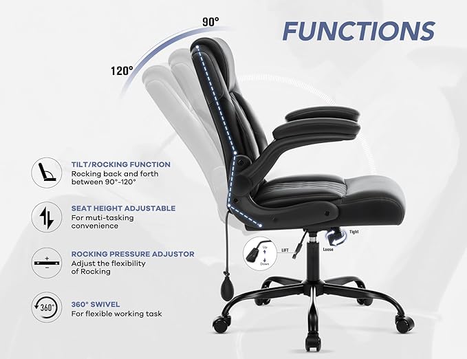 Office Chair with Adjustable Inflatable Lumbar Support,Leather Ergonomic Computer Desk Chair with Flip-up Arms,Adjustable Tilt Lock,Swivel Rolling Executive PC Chair for Work,Study,Meeting.Black