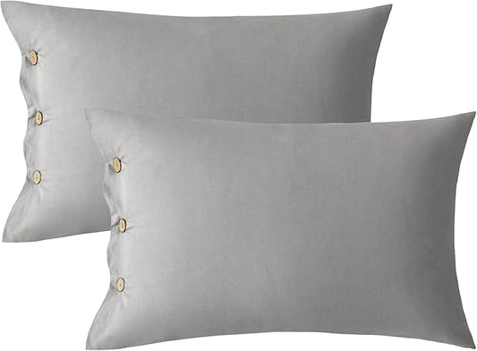 JELLYMONI Pillowcases Standard Set of 2 Cotton Button Pillow Covers 20×26in Light Grey Bed Pillow Cases 100% Washed Cotton Soft Breathable (Pillows are not Included)