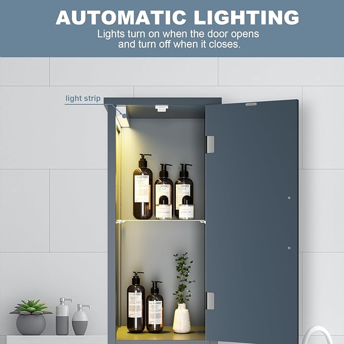 67" Tall Bathroom Storage Cabinet with Lights, Slim Narrow Bathroom Cabinet Organizer with Doors and Adjustable Shelves, Tall Cabinet for Small Space (66.9" Tall-Blue with Light, 1 Pack)