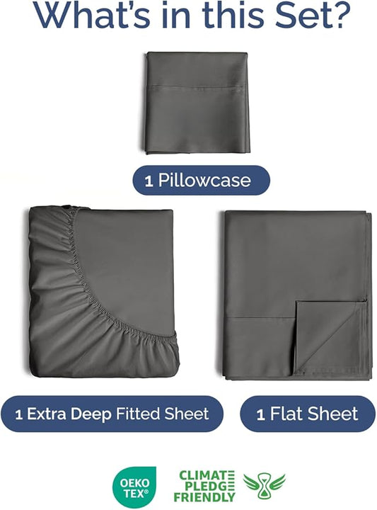 Extra Deep Pocket Twin Sheets - 3 Piece Breathable & Cooling Bed Sheets - Hotel Luxury Bed Sheet Set - Soft, Wrinkle Free & Comfy - Easily Fits Extra Deep Mattresses - Deep Pocket Charcoal Sheets Set