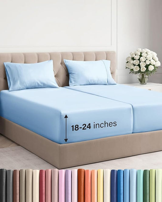 Extra Deep Pocket Split King Sheets - 5 Piece Breathable & Cooling Bed Sheets - Hotel Luxury Bed Sheet Set - Soft, Wrinkle Free & Comfy - Easily Fits Extra Deep Mattresses - Light Blue Sheets Set