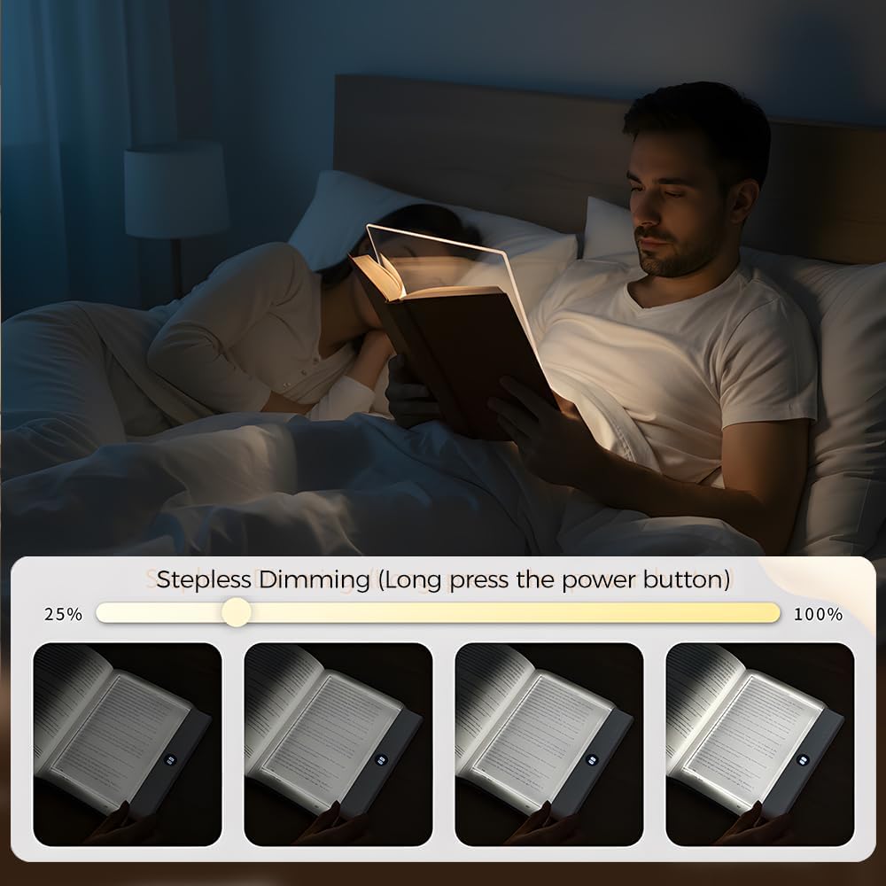 PolishWiz Rechargeable Book Light with Clear LED Flat Panel, 3 Color Modes & Timer, Dimmable Full Page Reading Light for Reading in Bed at Night, Book Lights for Readers Kids Adults (Black)