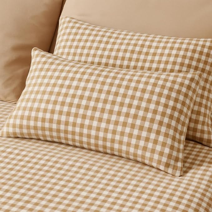 Brown Gingham Duvet Cover Set Twin XL Khaki Beige Plaid Checkered Comforter Cover Dorm Grid Bedding Set Soft Breathable Microfiber Lightweight Cozy College Essentials Kids Teens Bedroom Gifts
