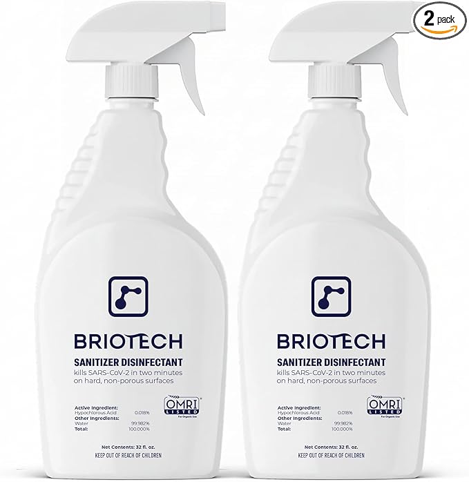 BRIOTECH Sanitizer Disinfectant Hypochlorous Spray, Kills 99.99% of Viruses & Bacteria, Eliminates Odor, Gentle for Nurseries & Play Rooms, Rinse Free Surface Sanitizer, 32 fl oz (Pack of 2)