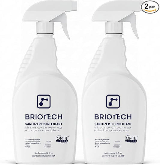 BRIOTECH Sanitizer Disinfectant Hypochlorous Spray, Kills 99.99% of Viruses & Bacteria, Eliminates Odor, Gentle for Nurseries & Play Rooms, Rinse Free Surface Sanitizer, 32 fl oz (Pack of 2)