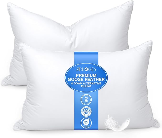 Feather Pillows Queen Size Set of 2 - Goose Down Hotel Bed Pillow for Sleeping, Soft 600 Thread Count Cotton Cover, Fluffy Support Surround Fill Polyester for Side, Back, Stomach Sleepers