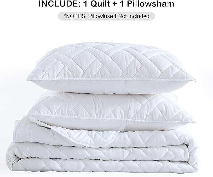 HORIMOTE HOME Quilt Set Twin Size White, Classic Geometric Diamond Stitched Pattern, Ultra Soft Microfiber Lightweight Bedding Set Bedspread Coverlet for All Season (1 Quilt and 1 Pillow Sham)