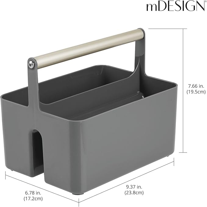 mDesign Plastic Shower Caddy Storage Organizer Utility Tote, Divided Basket Bin - Metal Handle for Bathroom, Dorm, Kitchen, Holds Soap, Shampoo, Conditioner - Aura Collection - Dark Gray/Matte Satin