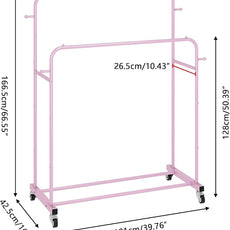 Laiensia Double Rods Garment Rack with Wheels, Clothing Rack for Hanging Clothes,4 Hooks, Multi-Functional Bedroom Clothes Rack, Pink