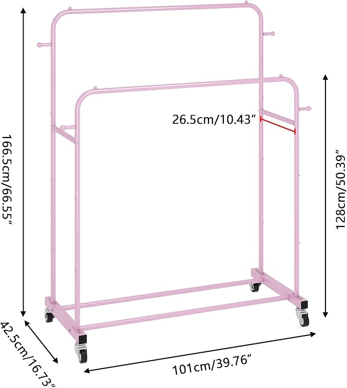 Laiensia Double Rods Garment Rack with Wheels, Clothing Rack for Hanging Clothes,4 Hooks, Multi-Functional Bedroom Clothes Rack, Pink