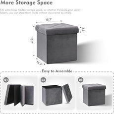 B FSOBEIIALEO Storage Ottoman Cube, Velvet Tufted Folding Ottomans with Lid, Footstool Rest Padded Seat for Bedroom (Grey, Medium)