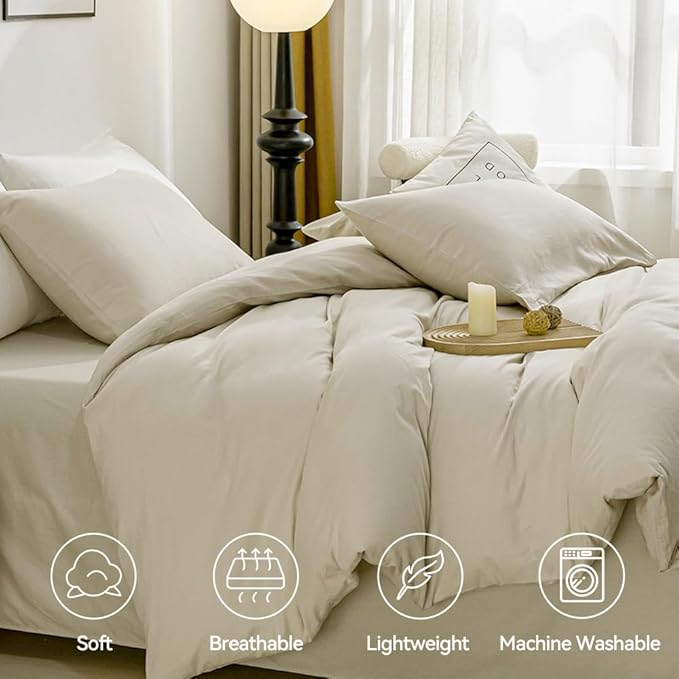 JELLYMONI Cotton Duvet Cover Full Size - 100% Washed Cotton Linen Like Textured Comforter Cover, 3 Pieces Lightweight Soft Bedding Set with Zipper Closure (Light Khaki, Full 80"x90")