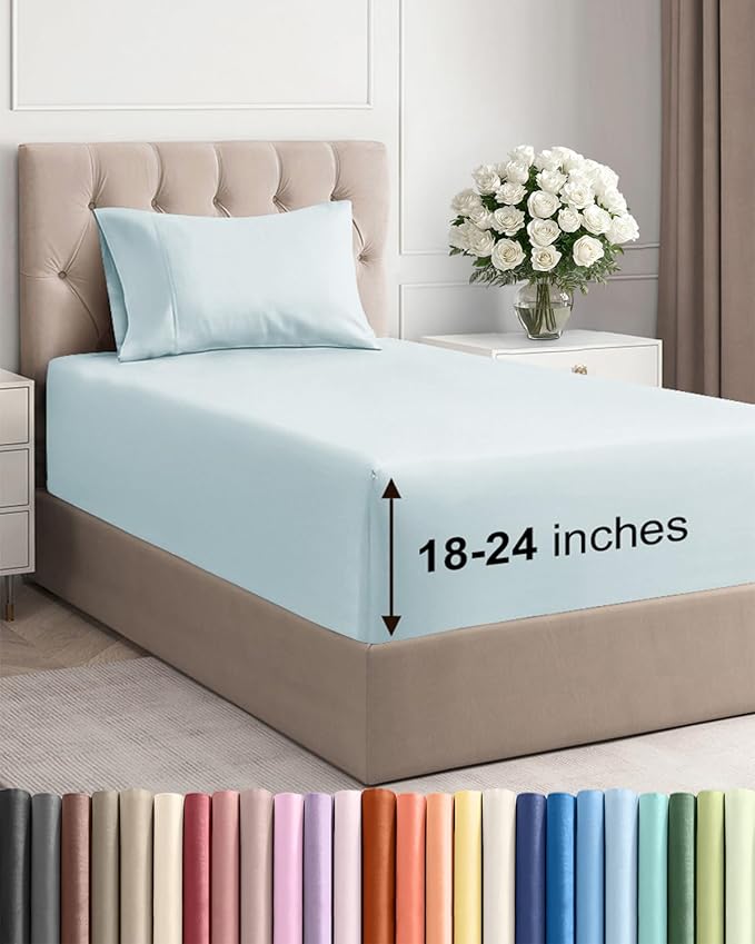 Extra Deep Pocket Twin XL Sheets - 3 Piece Breathable & Cooling Bed Sheets - Hotel Luxury Bed Sheet Set - Soft, Wrinkle Free & Comfy - Easily Fits Extra Deep Mattresses - Deep Pocket Ice Blue Sheets
