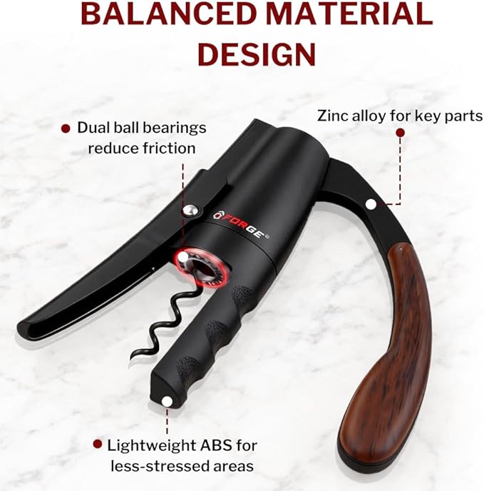 Forge Quality Compact Vertical Lever Corkscrew Wine Opener with Foil Cutter. 3 Seconds to Open a Bottle of Wine. Black.