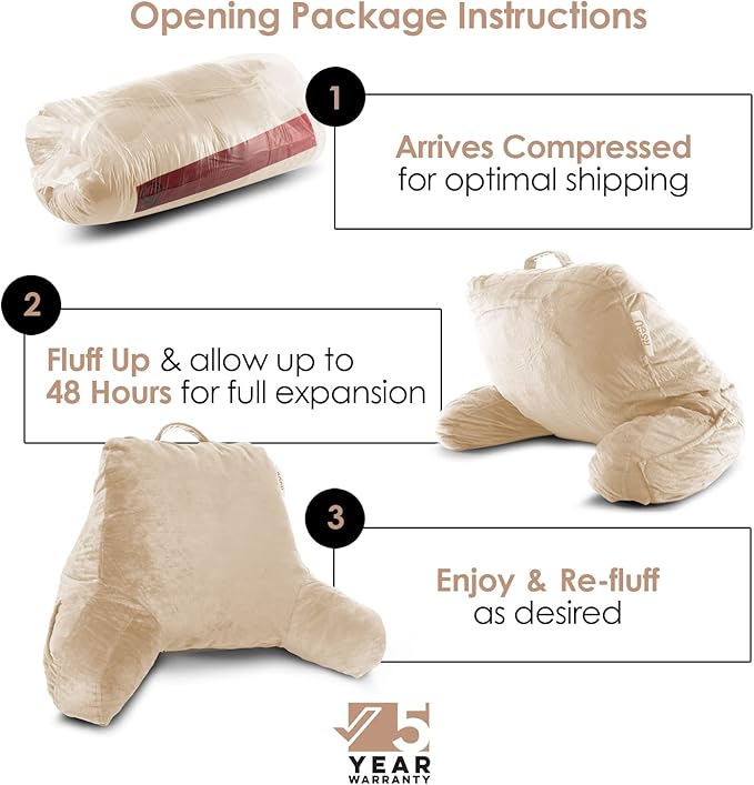 Nestl Reading Pillow with Shredded Memory Foam, Designed for Sitting Up in Bed and Couch, Back and Arms Adjustable Support for Adult & Teens Backrest Pillows for Reading, Washable Cover, Beige Cream