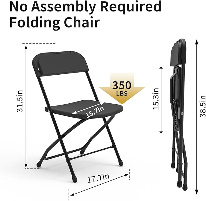 SHGJ&SOFT Folding Chairs, 350LBS Capacity Sturdy Metal Steel Frame Dining Chairs, Heavy Duty Plastic Commercial Seating for Indoor, Outdoor, Party, Wedding, Patio, Office, Picnic (Black, 20-Pack)