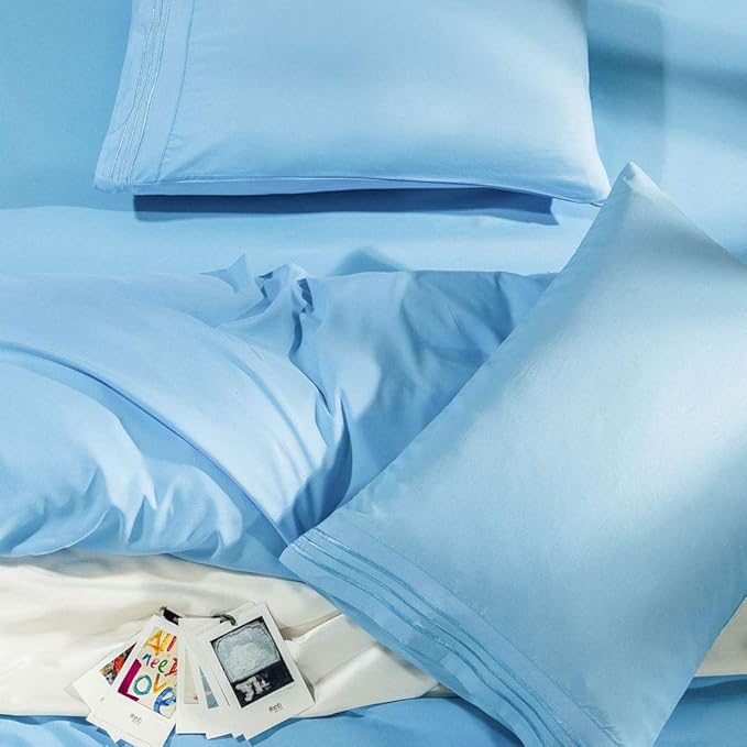 SONORO KATE Bed Sheet Set Super Soft Microfiber 1800 Thread Count Luxury Egyptian Sheets Fit 18-24 Inch Deep Pocket Mattress Wrinkle -6 Piece (Lake Blue, Queen)