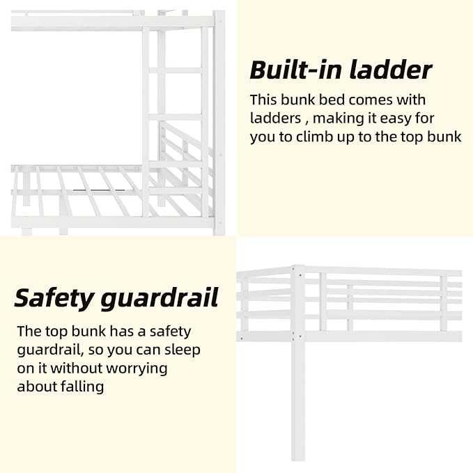 Full Over Full Bunk Bed, Metal Bunk Bed Frame Heavy Duty Bunk Beds Loft Bed Frame with Ladder and Guardrail Metal Slats No Box Spring Required for Adults Teens, White