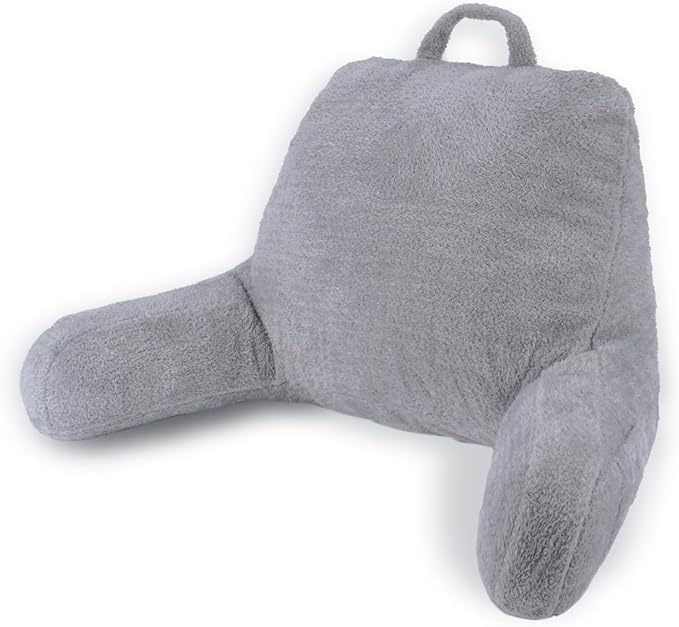 Blissful Diary Plush Velvet Reading Pillow for Kids/Teens/Adults, Back Rest Pillow for Sitting Up in Bed with Shredded Memory Foam, Includes Arms and Washable Cover, Light Gray