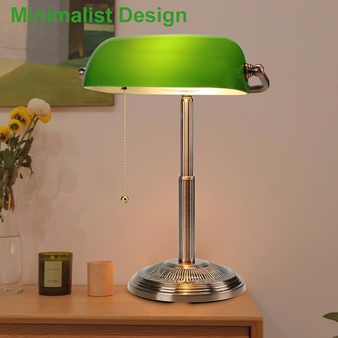 LINNMON Bankers Desk Lamp, Green Retro Lamp, Vintage Lamp with Pull Chain Switch for Home Office (Copper+Green)