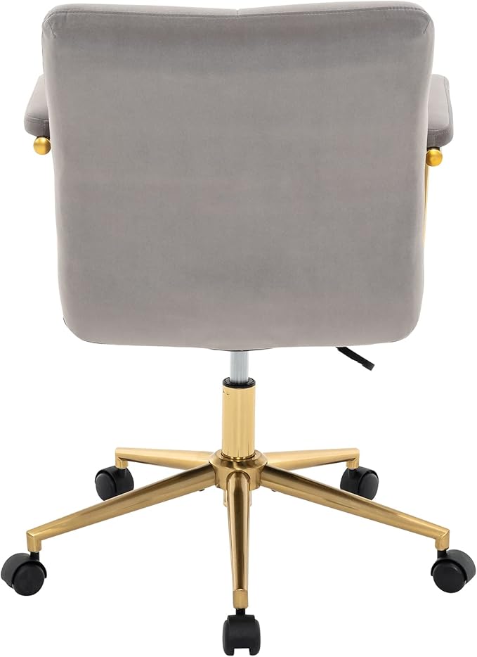 Velvet Home Office Desk Chair, Upholstered Adjustable Swivel Task Chair with Wheels, Tufted Mid-Back Computer Chair with Arms, for Study Living Room Vanity (Grey, Gold Base)