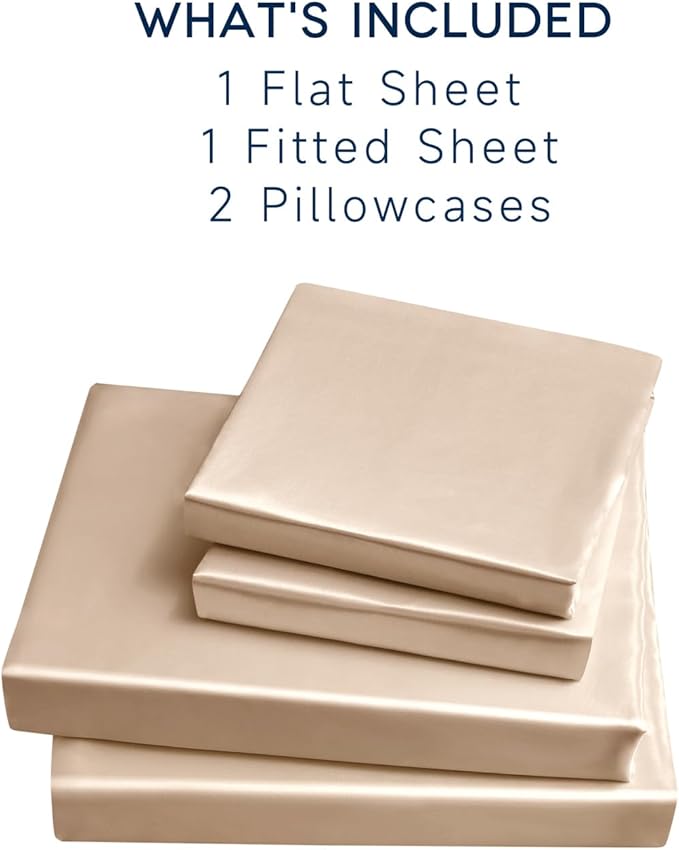 Satin Sheets Full Size - 4 Pieces Luxury Silky Soft Bed Sheets, Wrinkle-Free Champagne Satin Silk Sheet Set with 1 Deep Pocket Fitted Sheet, 1 Flat Sheet, 2 Pillow Cases