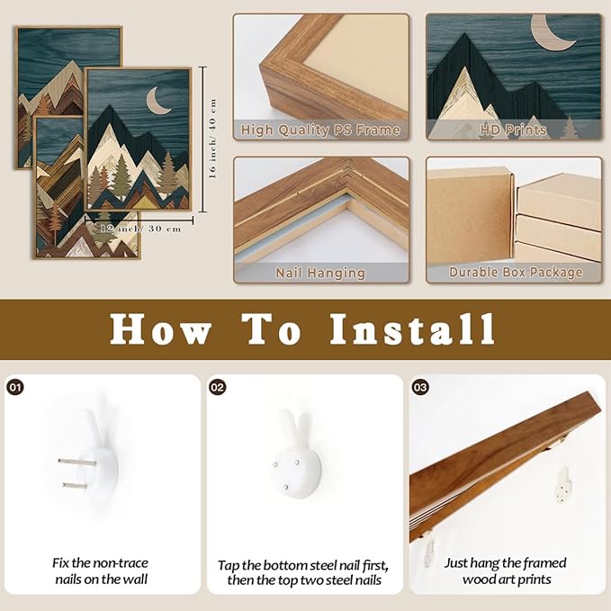 BINCUE Boho Mountain Wall Art Framed Landscape Wall Decor Modern Nature Artwork for Bedroom Living Room Office 12" Lx16 W Set of 3