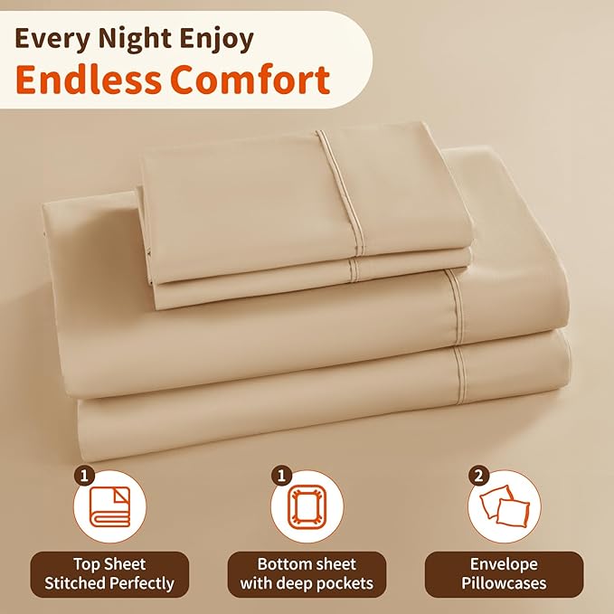 LBRO2M 1000 Thread Count 100% Egyptian Cotton Sheets Set Queen Size, 4 Piece Sets Bed Sheet Deep Pocket Sheet Set 16" Soft Comfortable All Season (Queen, Cream) LBRO2MBedding