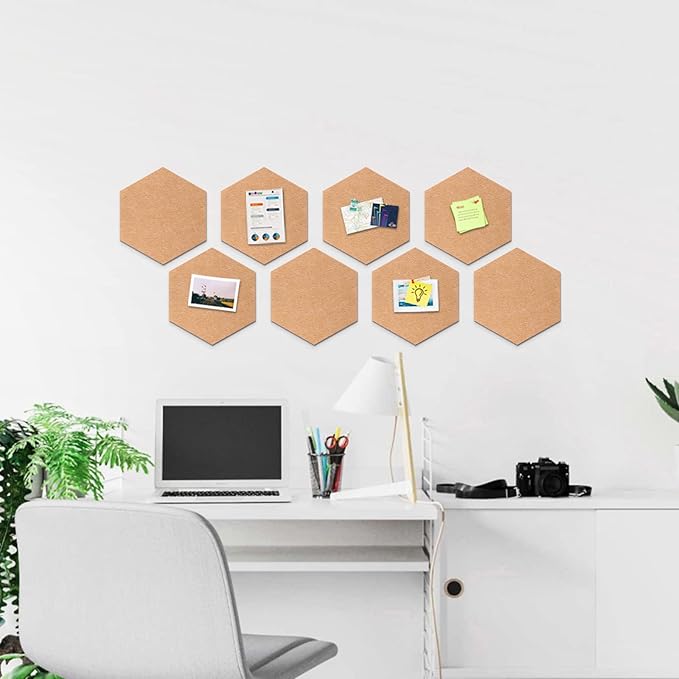 12" Large Bulletin Board with 30 Push Pins, Pack of 8 Hexagon Felt Pin Board Notice Boards for Home Office, Felt Wall Tiles for Photos Memos (Brown)