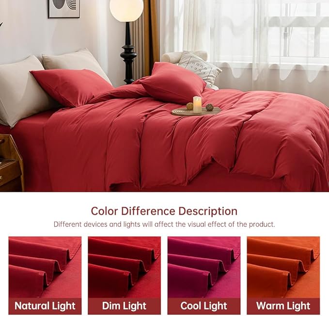 JELLYMONI Red Duvet Cover Queen Size - 100% Washed Cotton Linen Like Textured Comforter Cover, 3 Pieces Breathable Soft Bedding Set with Zipper Closure (Red, Queen 90"x90")