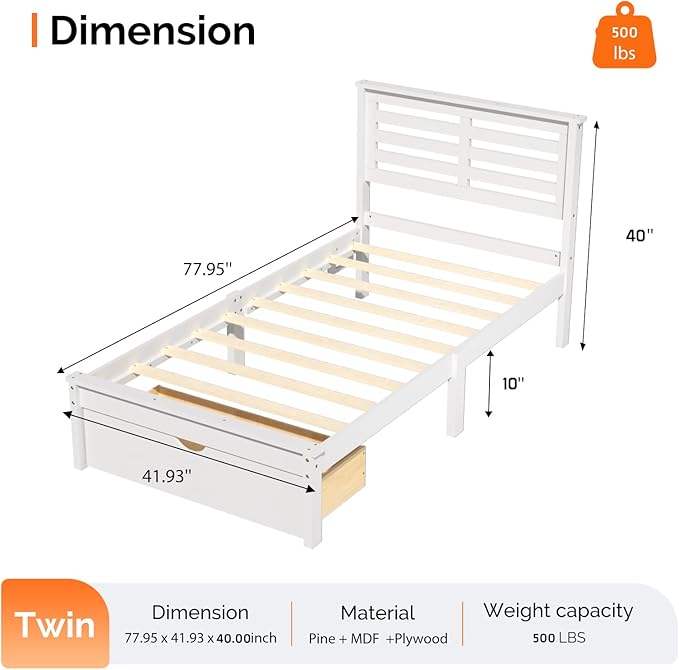 VINGLI Solid Wood Twin LED Bed Frame with USB Charging Single Panel Platform Bed with 40 Inches Tall Headboard and Underbed Storage Drawer,White