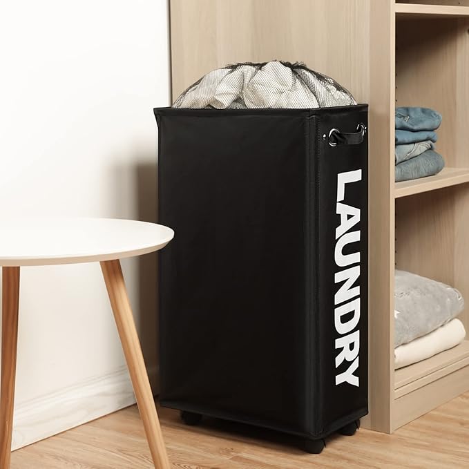 DOKEHOM 29-Inches Enlarged Slim Laundry Basket with Removable Wash Bag on Wheels, Collapsible Rolling Laundry Hamper, Foldable Narrow Corner Clothes Storage Bins (Black)