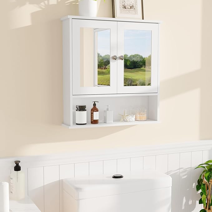22.2 Inch Mirrored Medicine Cabinet for Bathroom, Over Toilet Wall-Mounted Storage Cabinet with Adjustable Shelf, Waterproof MDF Cabinet for Bathroom Organization