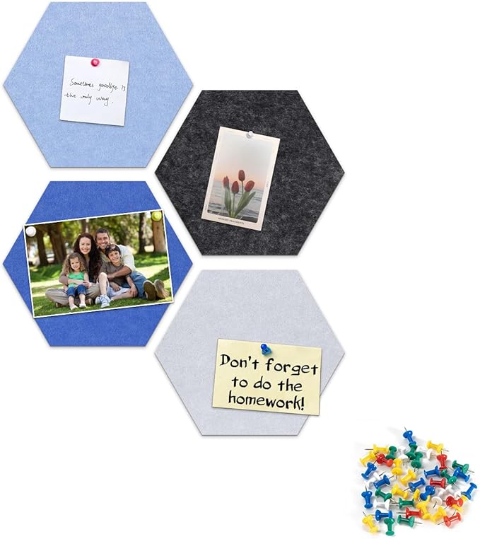 12" Large Bulletin Board with 15 Push Pins, Pack of 4 Hexagon Felt Pin Board Notice Boards for Home Office, Felt Wall Tiles for Photos Memos (Blue Grey)