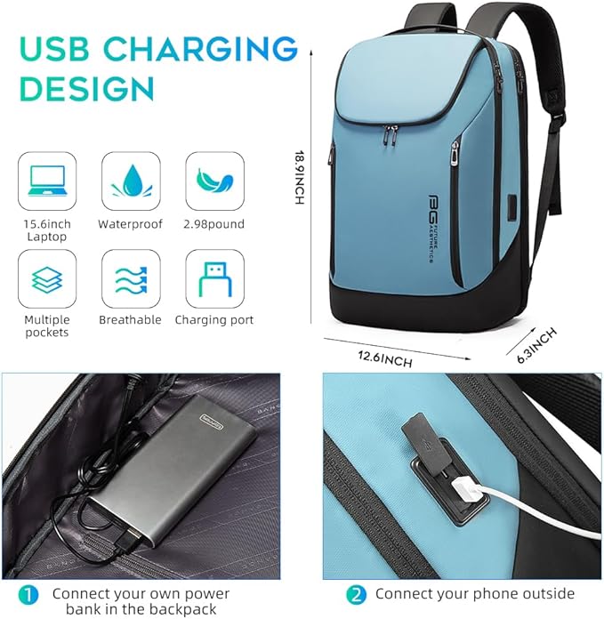 BANGE Business Smart Backpack Waterproof fit 15.6 Inch Laptop Backpack with USB Charging Port,Travel Durable Backpack (Light Blue(three Pocket), Medium)