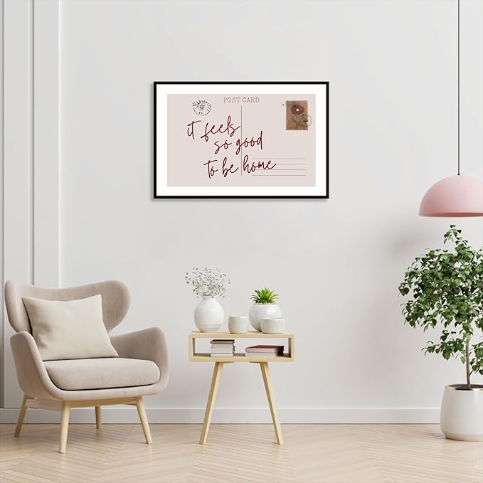 Retro Postcard Poster Neutral Feels So Good To Be Home Wall Art Trendy Pink Girly Room Decor Funky Quotes Canvas Prints Modern Stamp Sign Aesthetic for Dorm Apartment Bedroom 24x36in Metal Black Frame