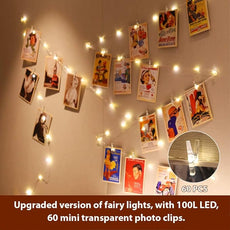 HXWEIYE Warm White Photo Clips String Light, Timer & 8 Modes, 33Ft 100LEDs Battery Powered Fairy Light with 52 Clear Clips & 12 Hooks on Wall for Hanging Picture,Bedroom Party