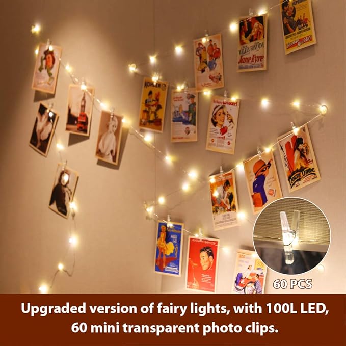 HXWEIYE Warm White Photo Clips String Light, Timer & 8 Modes, 33Ft 100LEDs Battery Powered Fairy Light with 52 Clear Clips & 12 Hooks on Wall for Hanging Picture,Bedroom Party