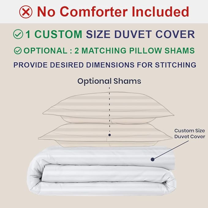 Kotton Culture Custom Duvet Cover -100% Egyptian Cotton Sateen 600 Thread Count Soft Premium Breathable Customizable Comforter Cover(Desired Dimensions)-Zipper Closure & 7 Internal Ties -Striped White
