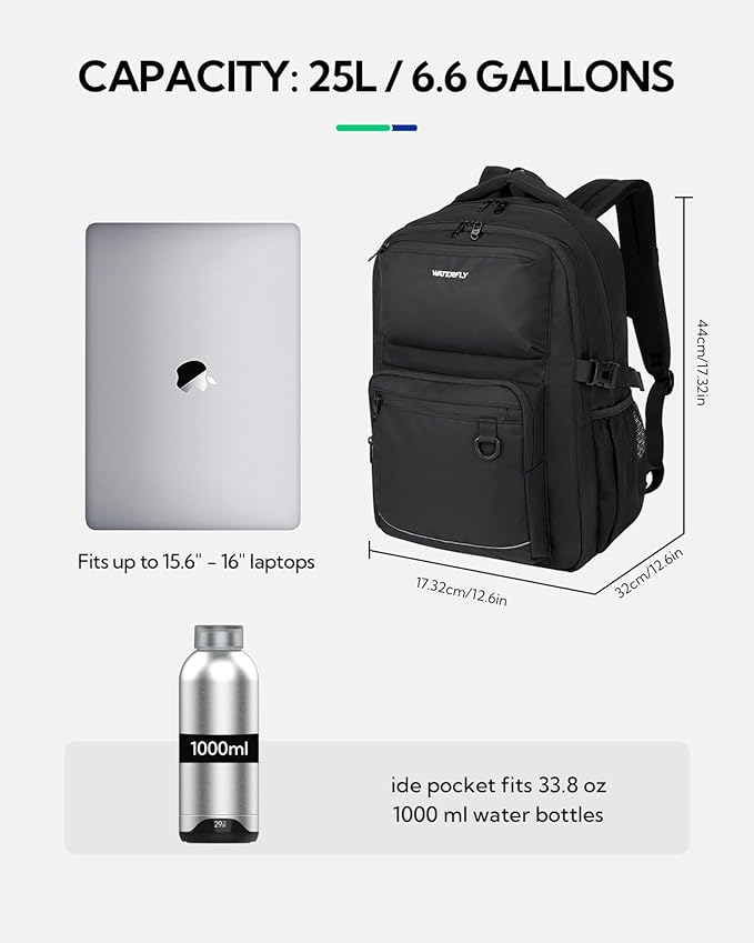 WATERFLY Travel Laptop School Backpack: College Middle School Bookbag for Women Men, TSA Friendly Business Work Casual Daypack with 15.6" Computer Compartment, Anti Theft Water Resistant Commuter Bag