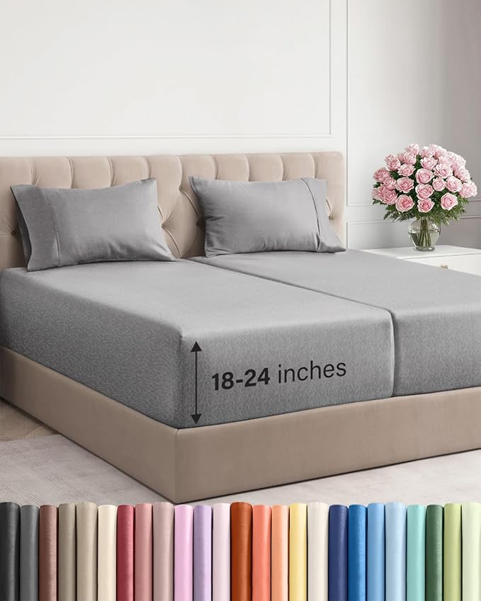 Extra Deep Pocket Split King Sheets - 5 Piece Breathable & Cooling Bed Sheets - Hotel Luxury Bed Sheet Set - Soft, Wrinkle Free & Comfy - Easily Fits Extra Deep Mattresses - Heathered Grey Sheets Set