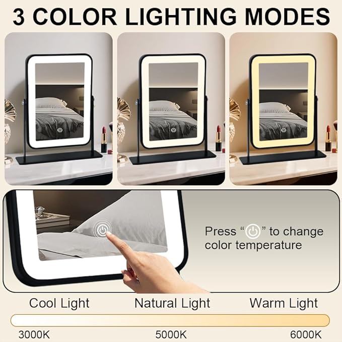 Portable Desk Vanity Mirror with Lights,Black Rechargeable Small Makeup Mirror with Lights,Mini Dorm Mirror,Touch Screen with 3-Color Lighting,Dimmable,for Tabletop,Bedroom,Bathroom