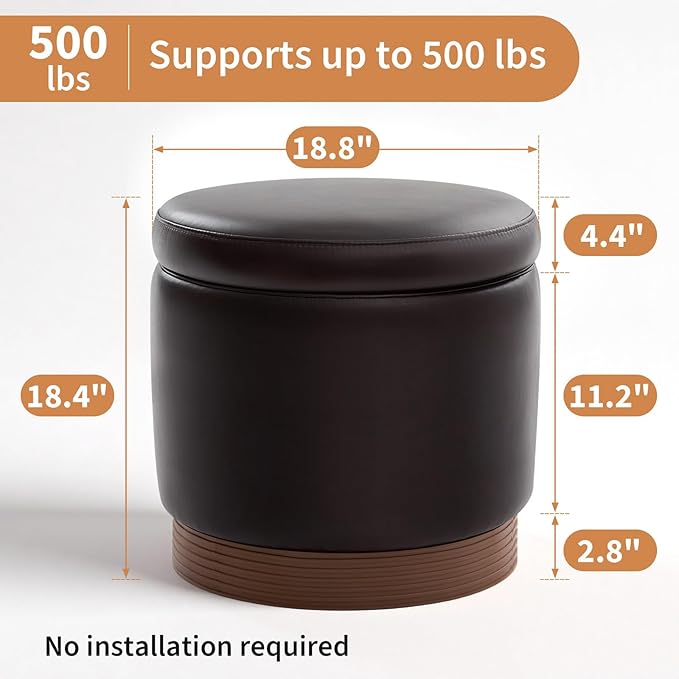 Round Storage Ottoman,Swivel Vanity Stool-Smooth Faux Leather Foot Rest,Footstool Pouf with Sturdy Acacia Wood Frame(500lbs),Small Coffee Table & Hidden Storage Ottoman for Living Room
