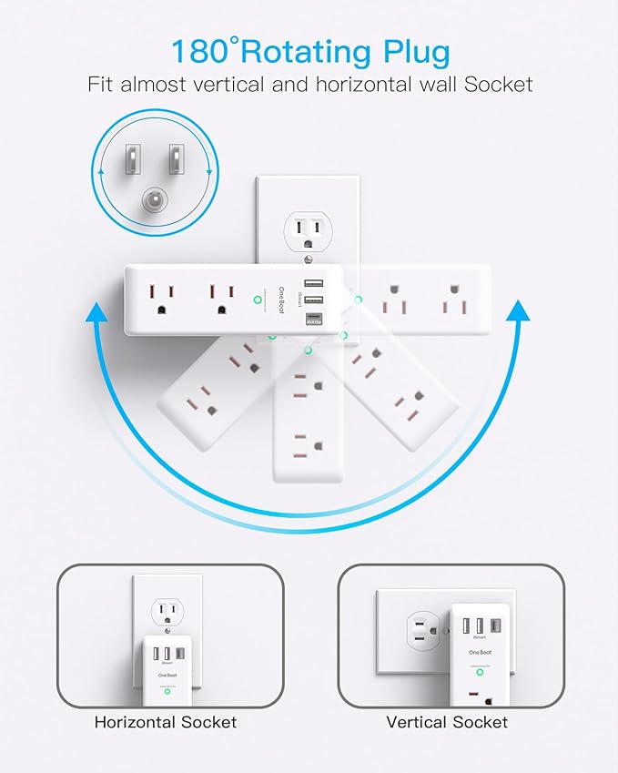 PD 30W Surge Protector Outlet Extender, Rotating Plug, One Beat 6 AC Multi Plug Outlet with 3 USB Ports (1 USB C), 1800J, 3-Sided Swivel Power Strip with Spaced Outlet Splitter for Home Office Dorm