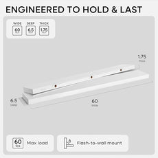 Homeforia Floating White Shelf 60 inches, High End Solid Real Wood 60inch Long Floating Shelves for Wall Mounted, White Wooden 60in Floating Shelves, Heavy Duty Bracket, 60 X 6.5 X 1.75 inch, Set of 2