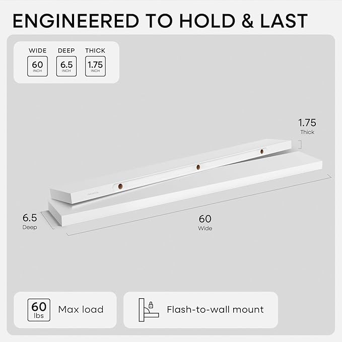 Homeforia Floating White Shelf 60 inches, High End Solid Real Wood 60inch Long Floating Shelves for Wall Mounted, White Wooden 60in Floating Shelves, Heavy Duty Bracket, 60 X 6.5 X 1.75 inch, Set of 2