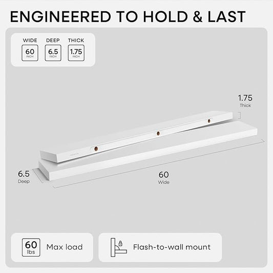 Homeforia Floating White Shelf 60 inches, High End Solid Real Wood 60inch Long Floating Shelves for Wall Mounted, White Wooden 60in Floating Shelves, Heavy Duty Bracket, 60 X 6.5 X 1.75 inch, Set of 2
