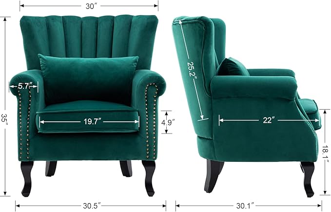 Mid Century Accent Chair Modern Tufted Wingback Armchairs Club Chair Velvet Fabric Single Sofa Lounge Chair with Pillow for Living Room, Green