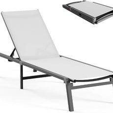 Aluminum Chaise Lounge Ourdoor - Foldable & Assemble Free Outdoor Lounge Chair with 5 Adjustable Backrest, Patio Lounge Chair for Outside Poolside Beach Pool, White